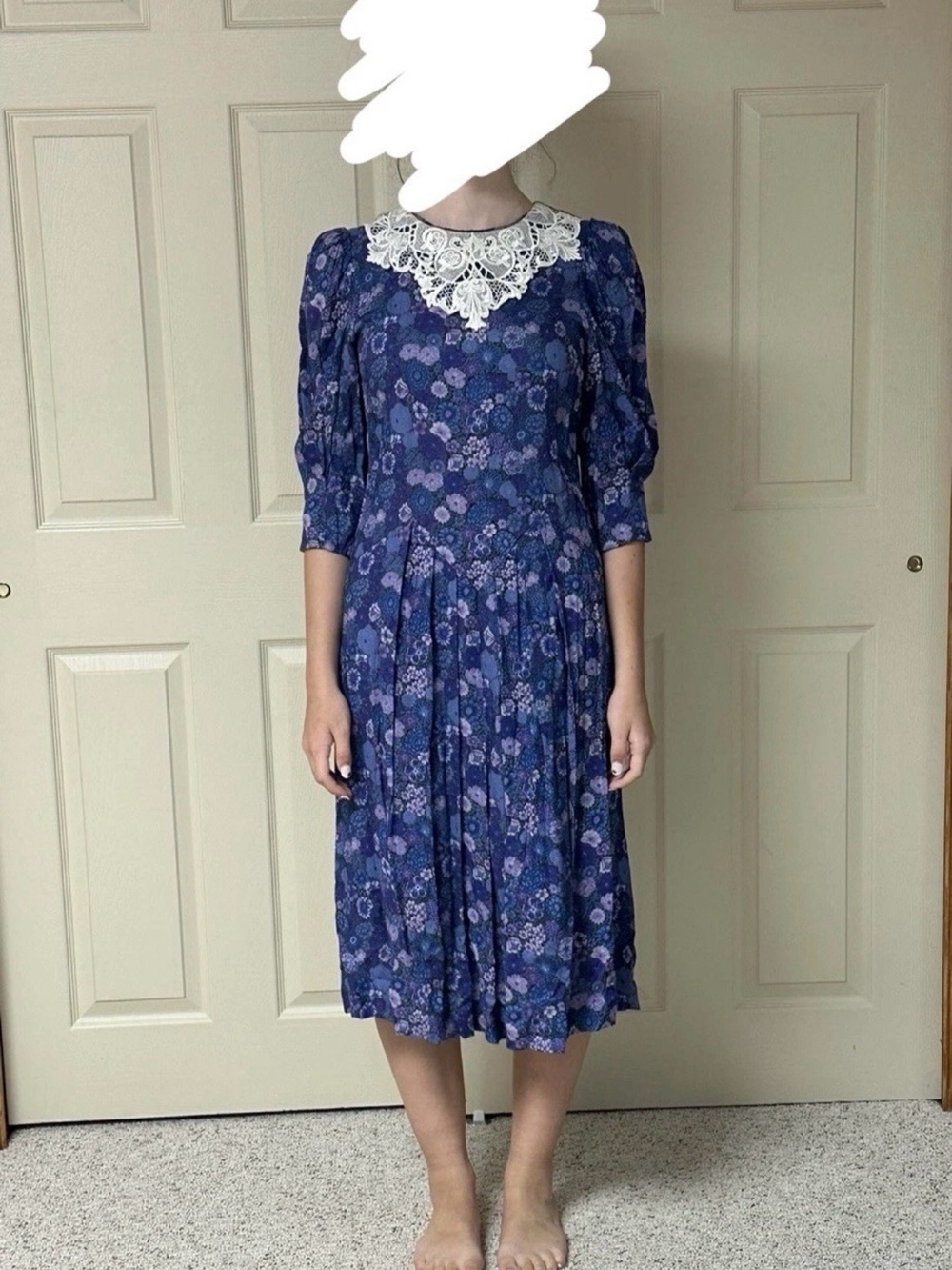Vintage Belle France petite Blue and Purple Floral Dress with Lace Collar